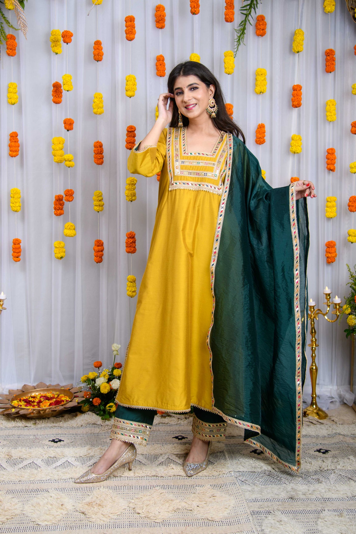 Mustard And Green Silk Kurta Set