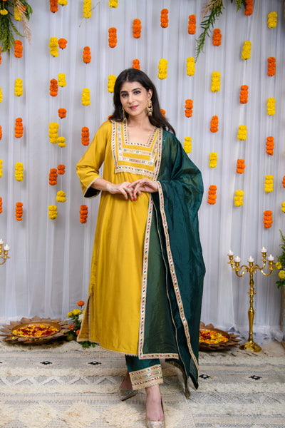 Mustard And Green Silk Kurta Set