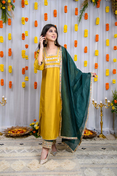 Mustard And Green Silk Kurta Set