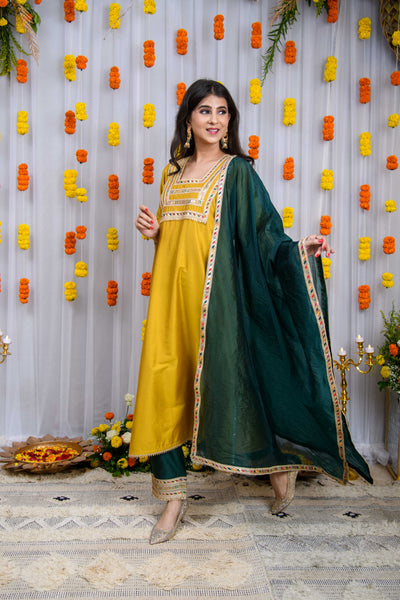 Mustard And Green Silk Kurta Set