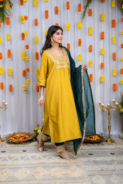 Mustard And Green Silk Kurta Set