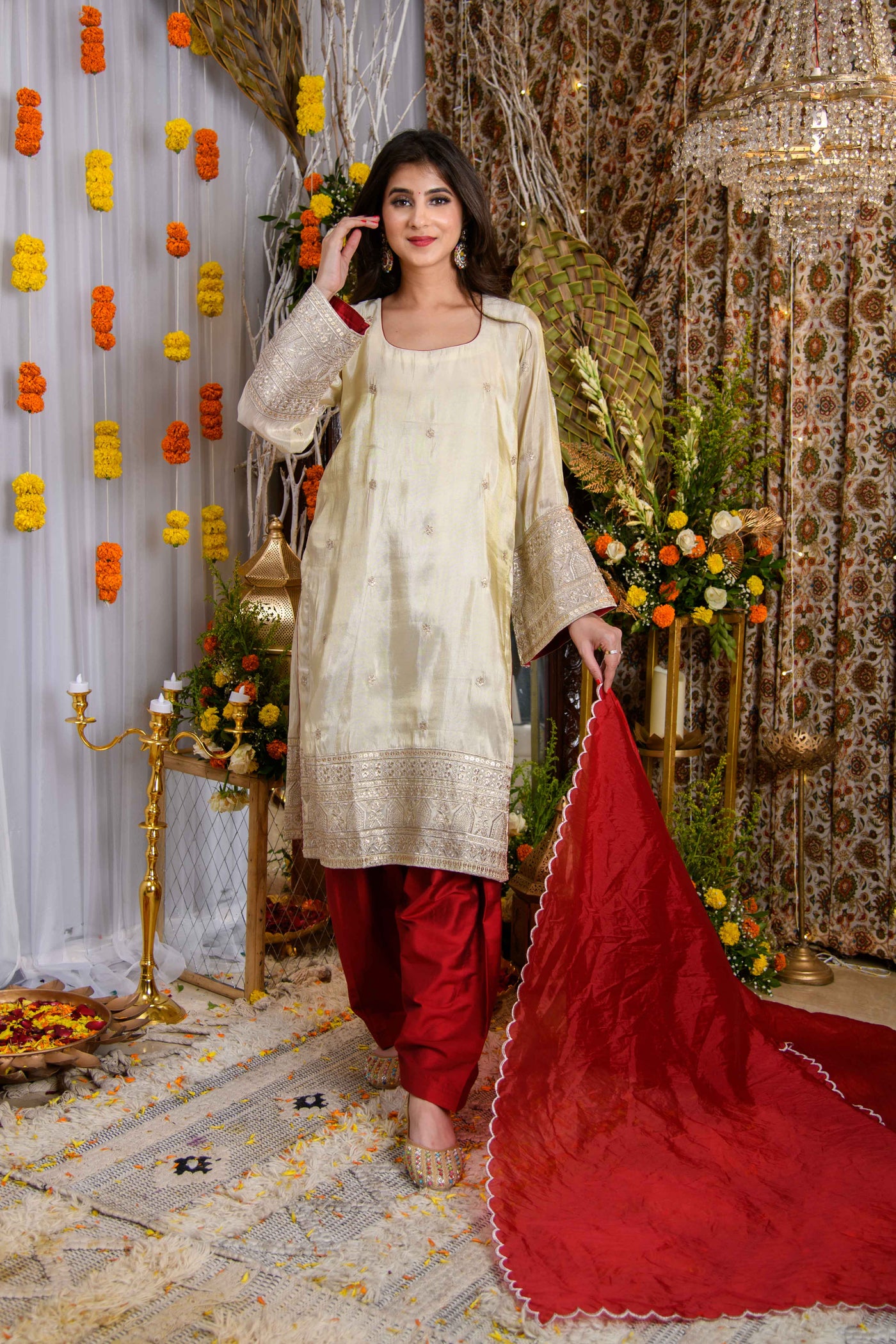 Beige And Red Tissue Kurta Set