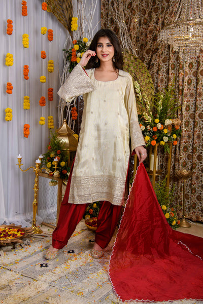 Beige And Red Tissue Kurta Set