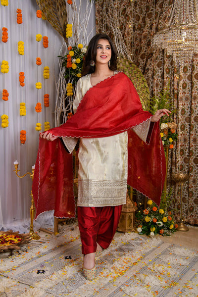 Beige And Red Tissue Kurta Set