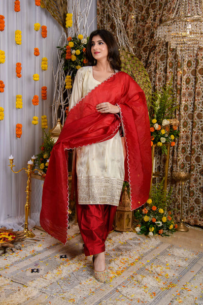 Beige And Red Tissue Kurta Set