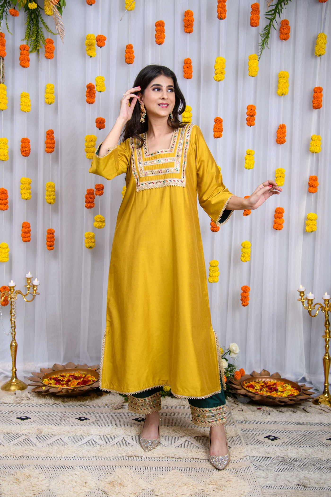 Mustard And Green Silk Kurta Set