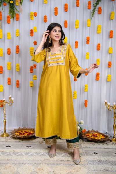 Mustard And Green Silk Kurta Set