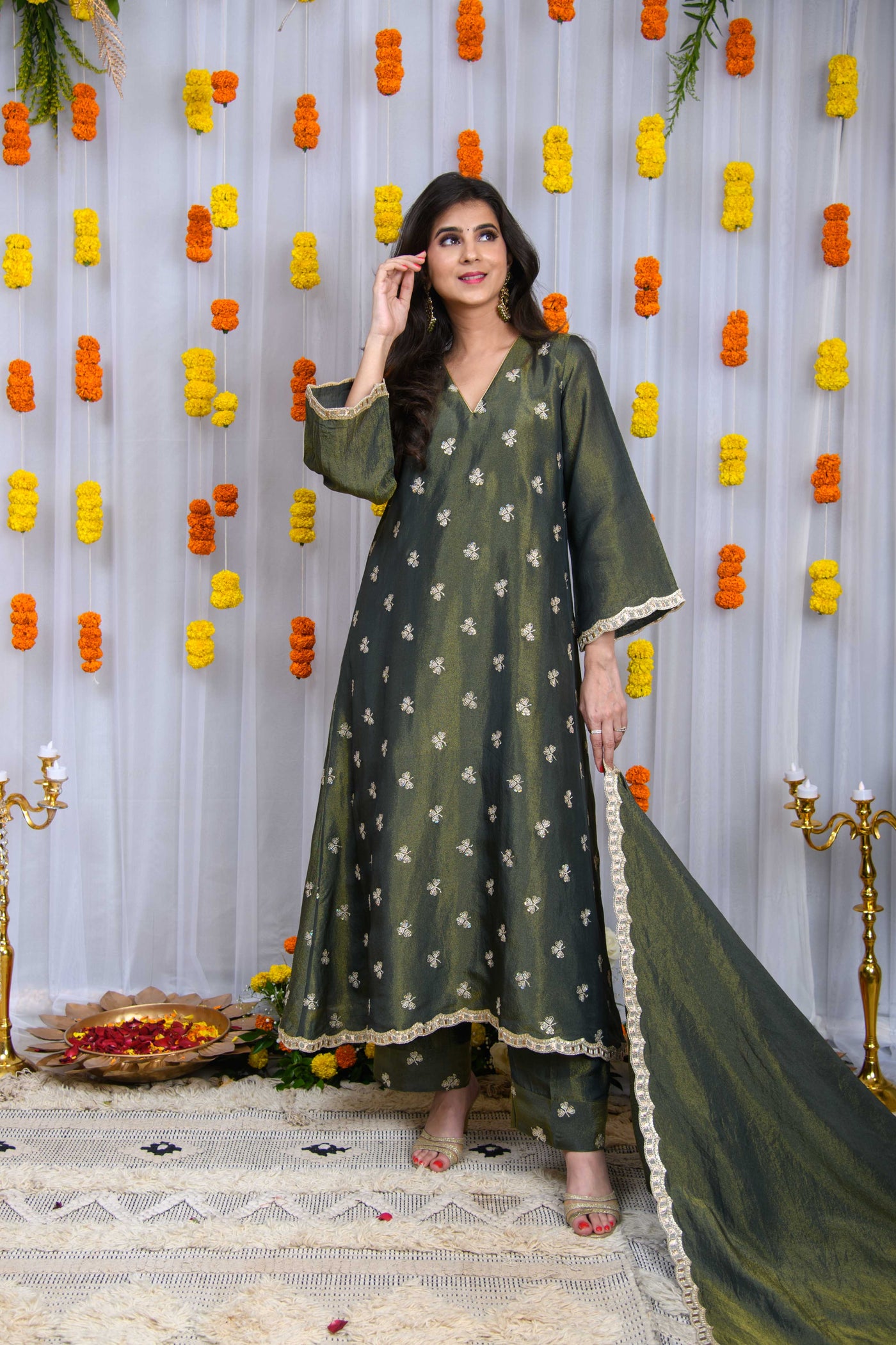 Green Golden Tissue A line Kurta Set