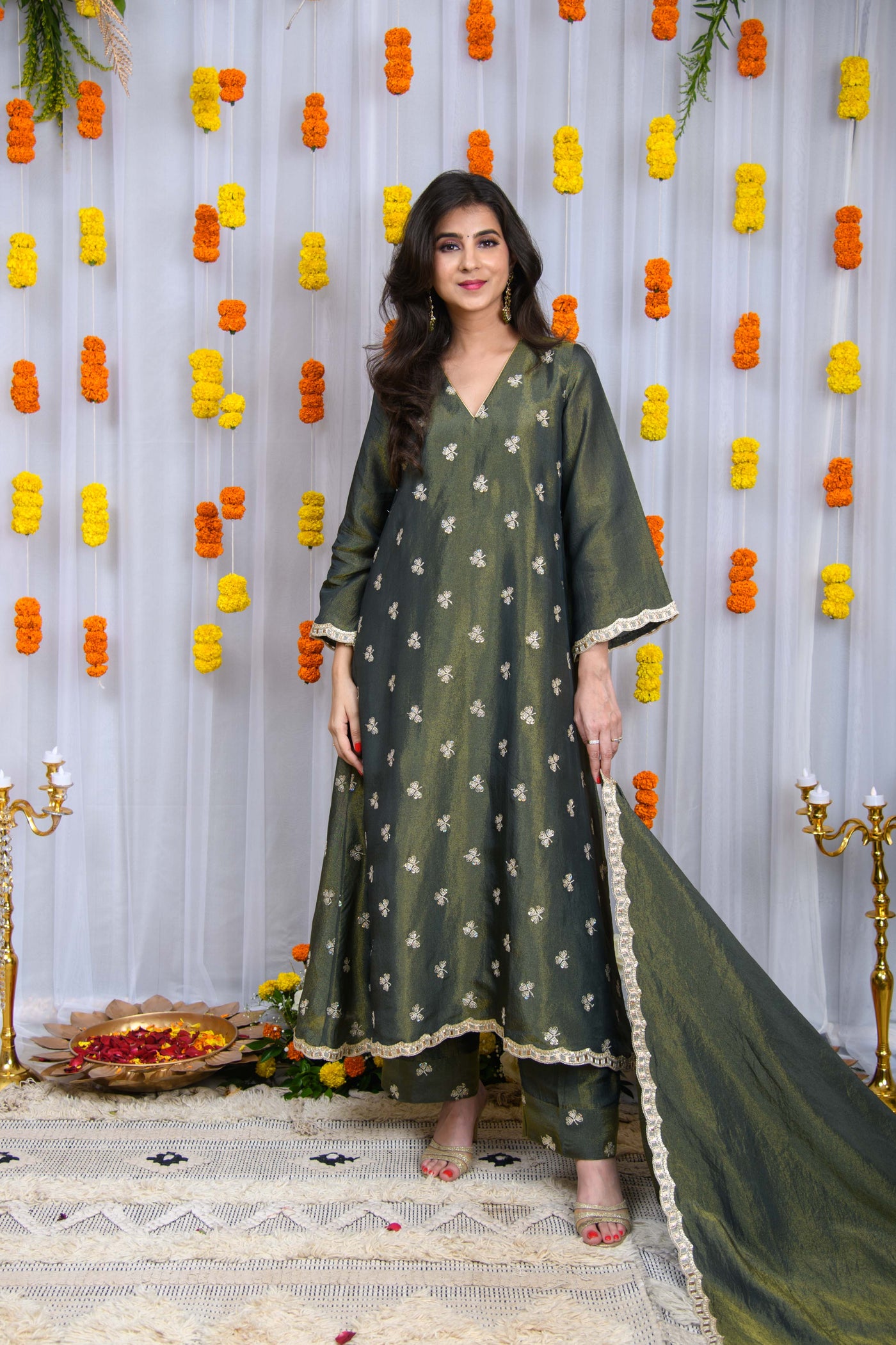 Green Golden Tissue A line Kurta Set