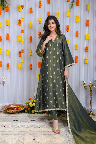 Green Golden Tissue A line Kurta Set