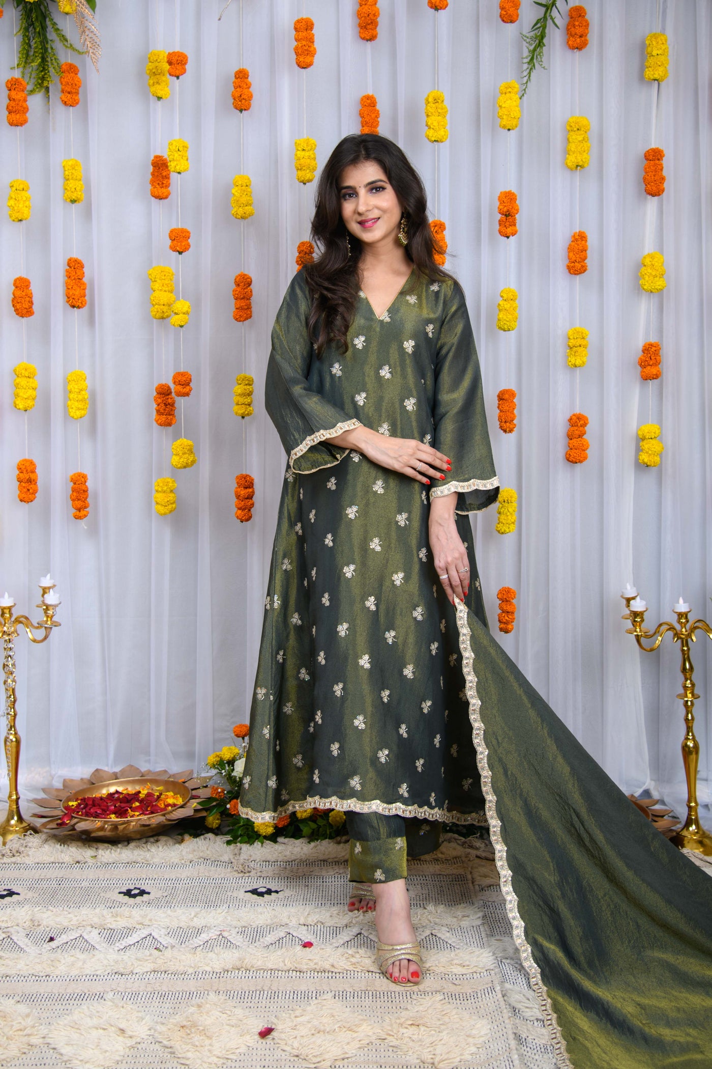 Green Golden Tissue A line Kurta Set