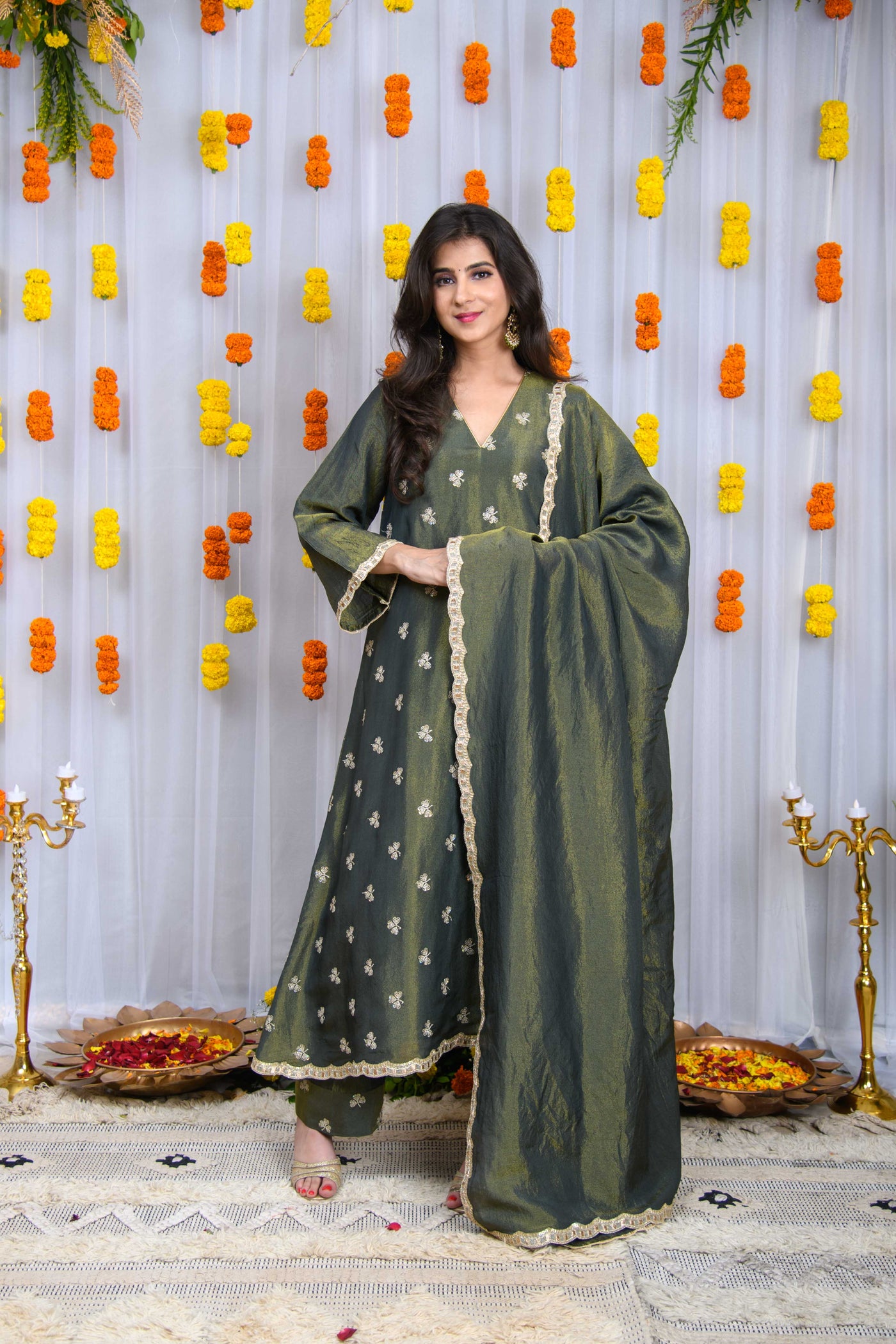 Green Golden Tissue A line Kurta Set