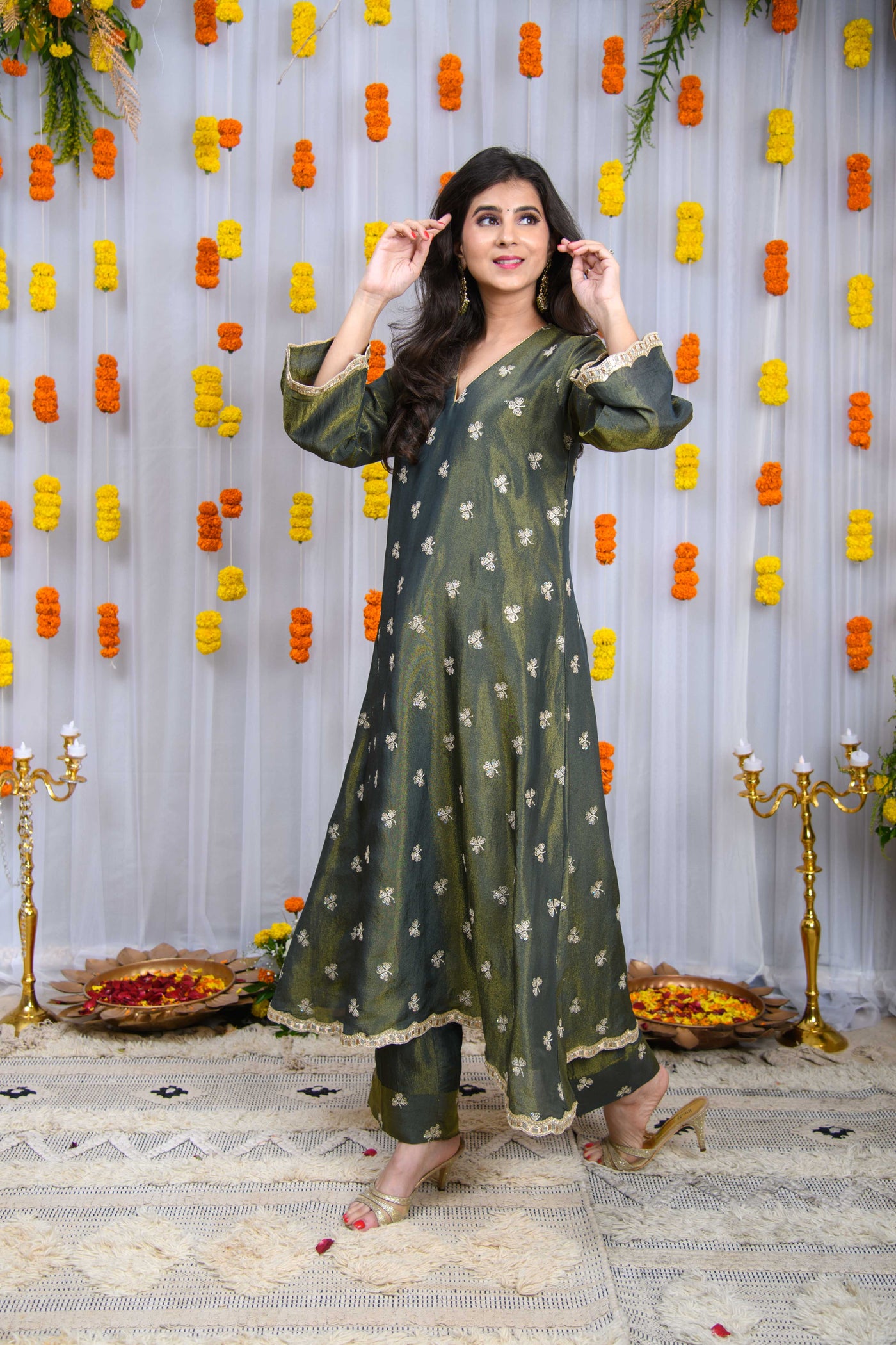 Green Golden Tissue A line Kurta Set