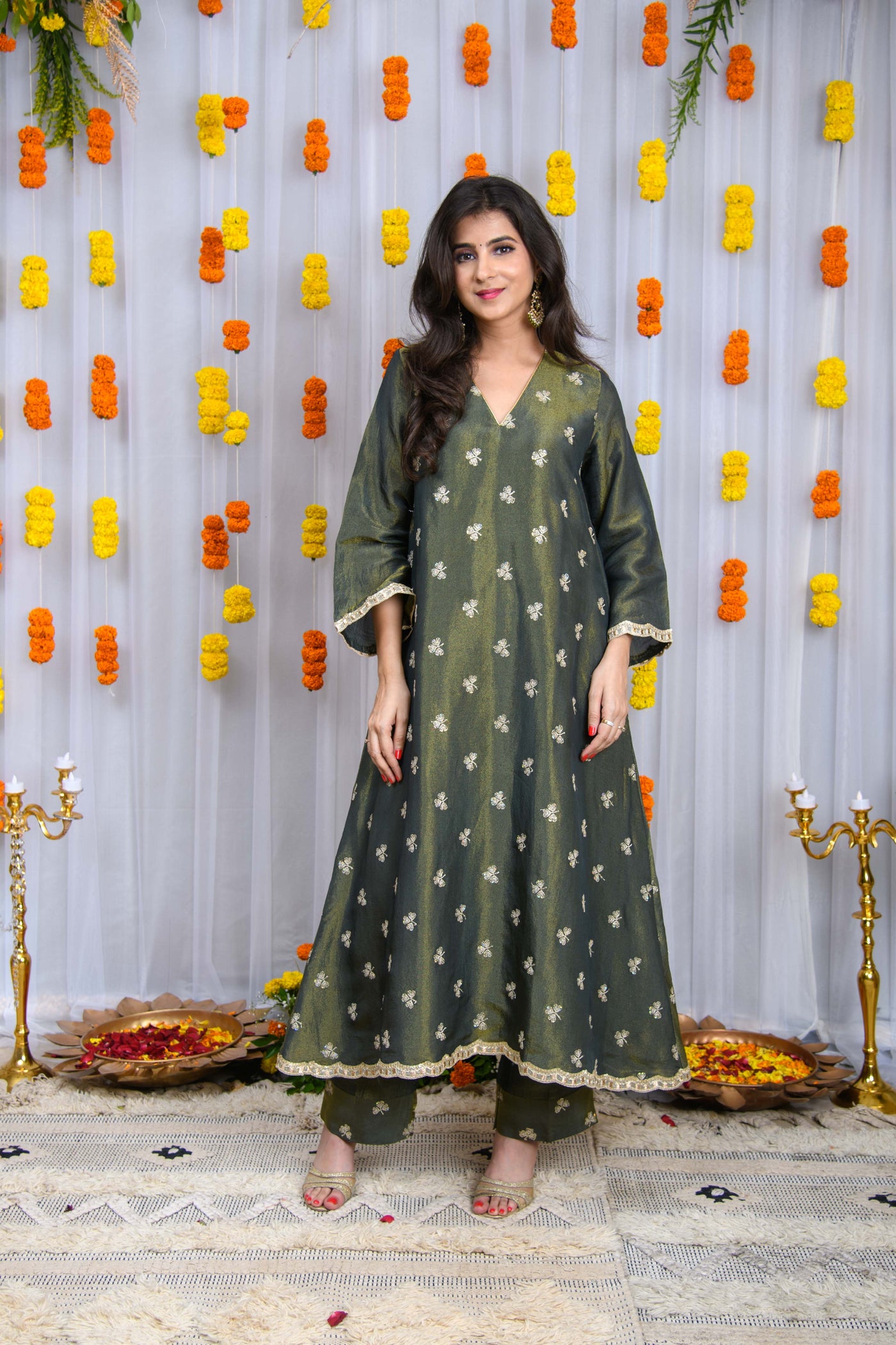 Green Golden Tissue A line Kurta Set