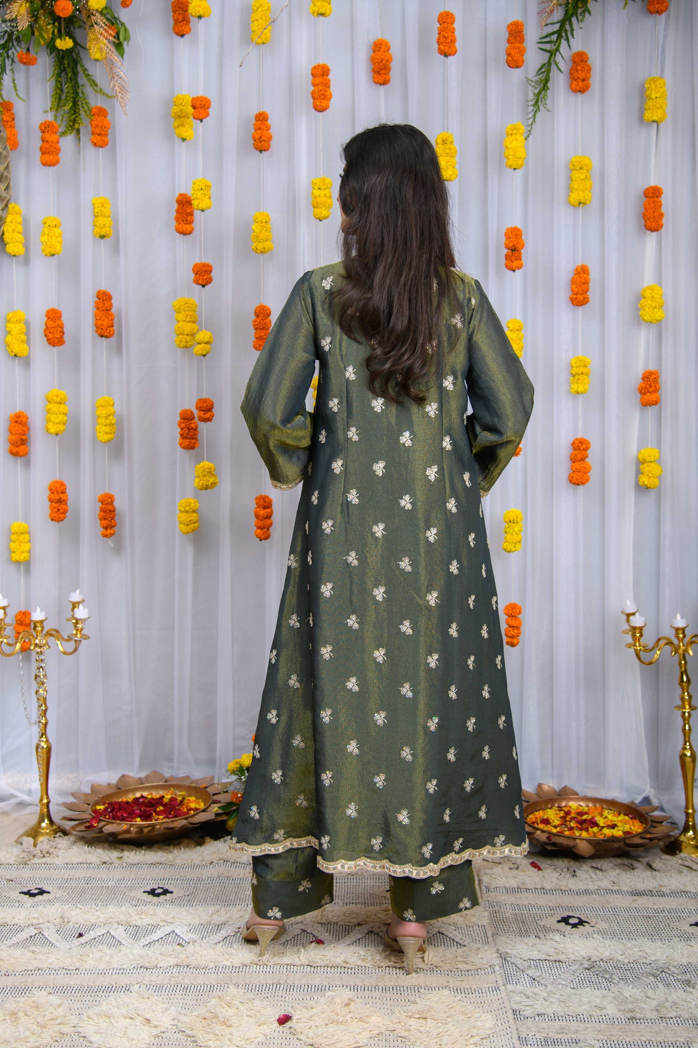 Green Golden Tissue A line Kurta Set