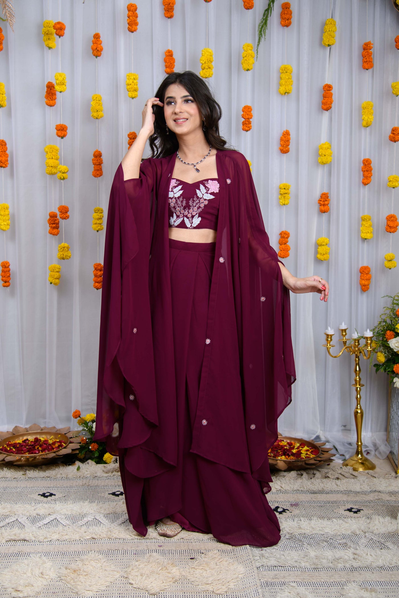 Wine Hand Work Cape And Drape Skirt Set