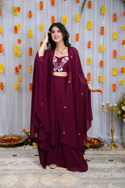 Wine Hand Work Cape And Drape Skirt Set