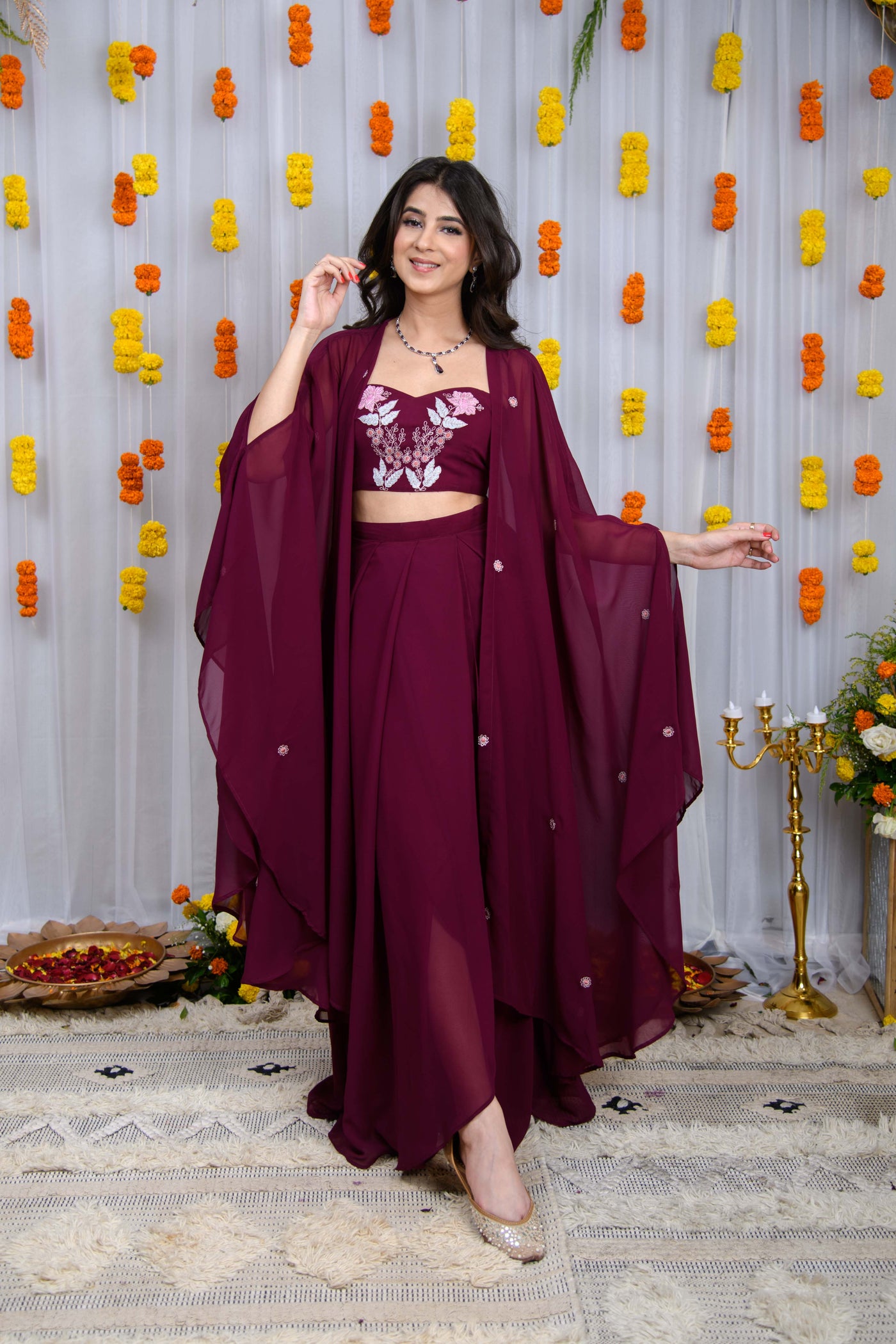 Wine Hand Work Cape And Drape Skirt Set