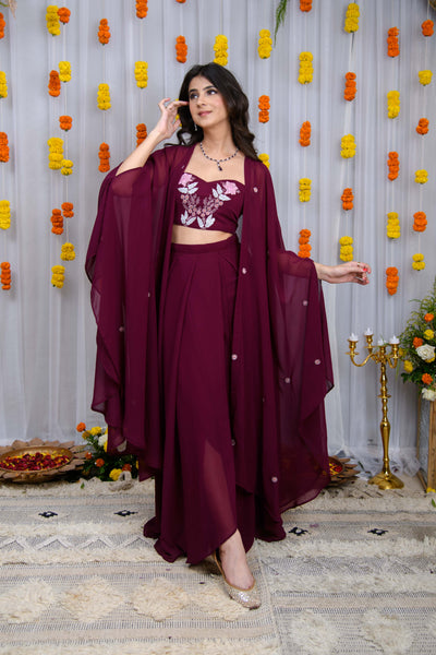 Wine Hand Work Cape And Drape Skirt Set