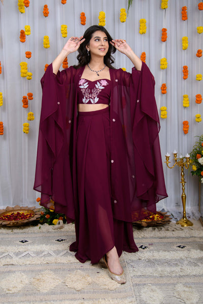 Wine Hand Work Cape And Drape Skirt Set