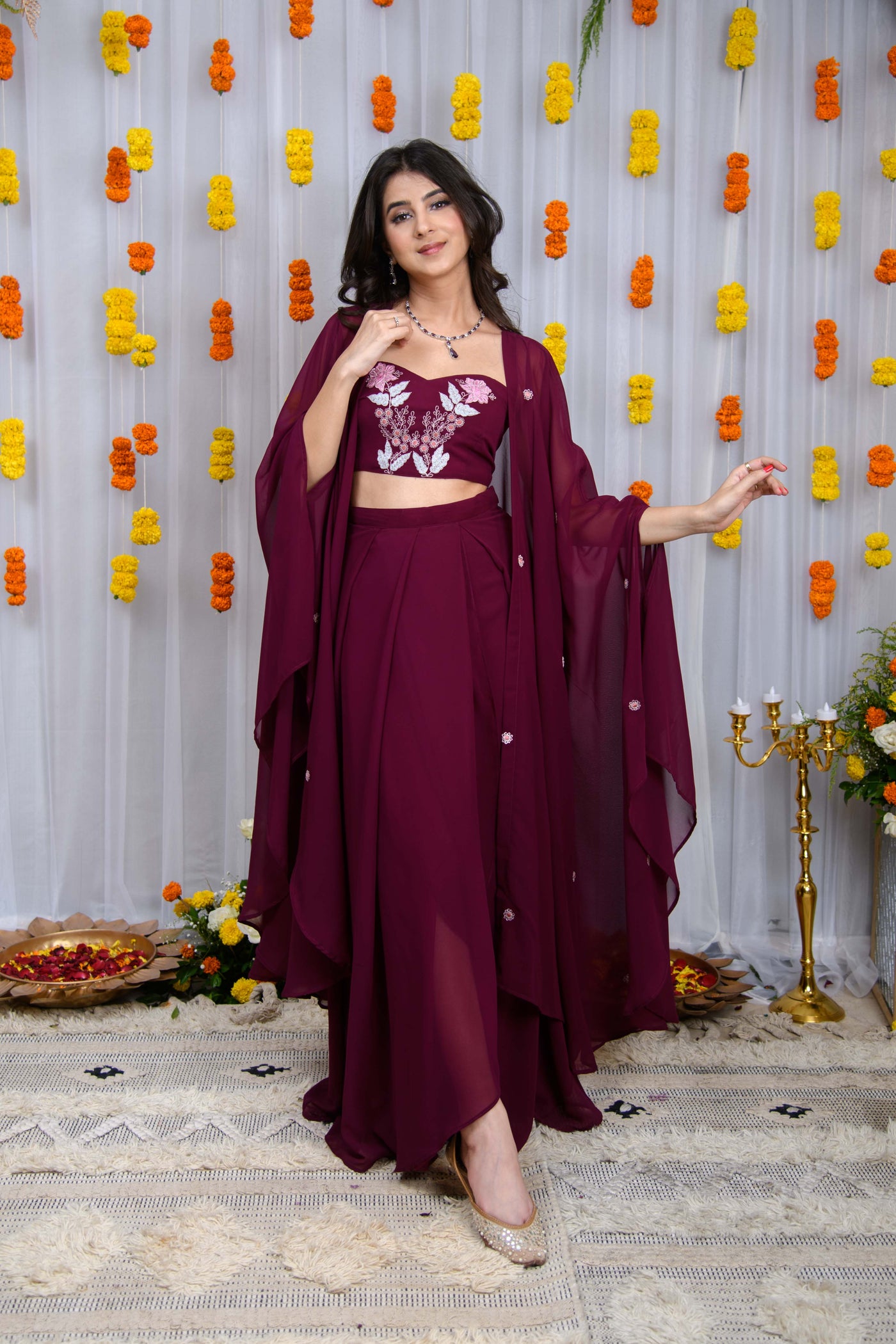 Wine Hand Work Cape And Drape Skirt Set