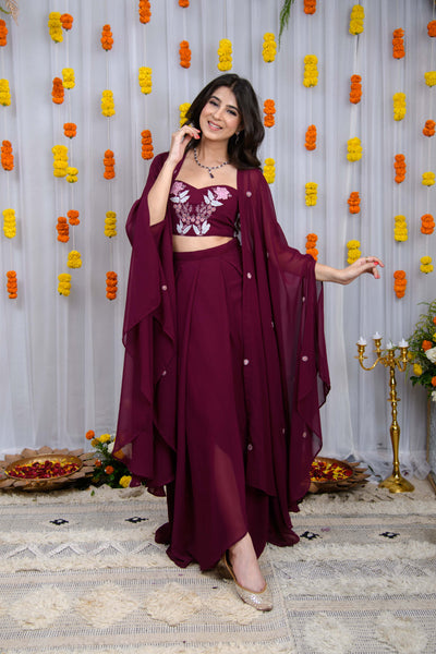 Wine Hand Work Cape And Drape Skirt Set