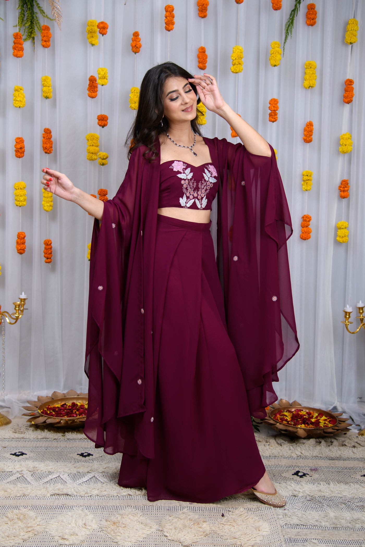 Wine Hand Work Cape And Drape Skirt Set