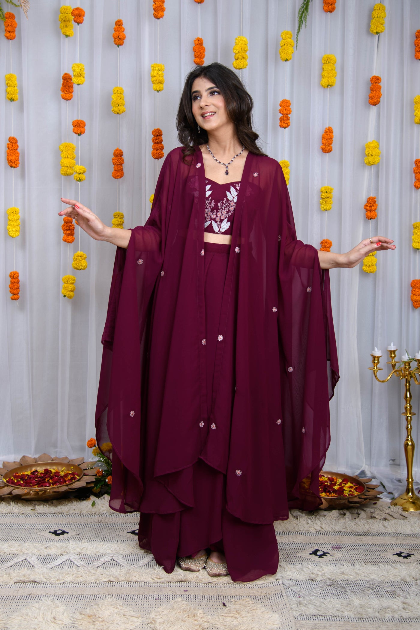 Wine Hand Work Cape And Drape Skirt Set