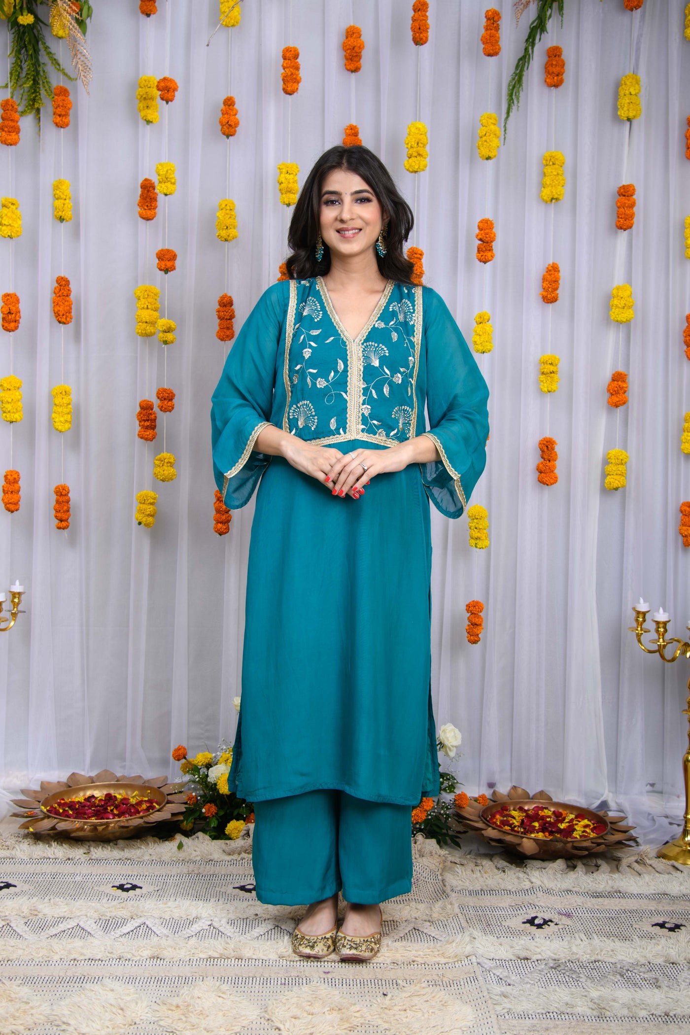 Teal Blue Organza Kurta Set