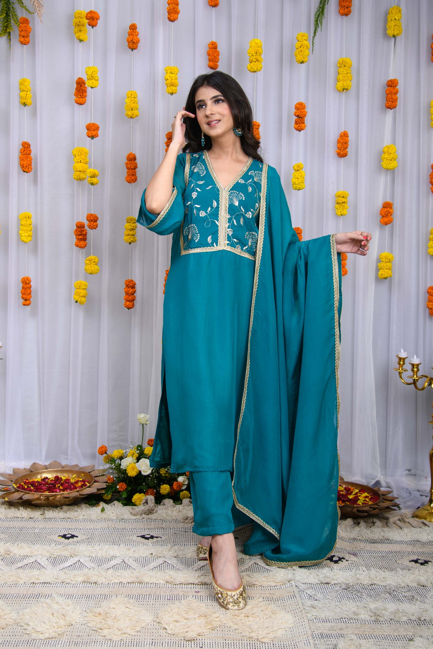 Teal Blue Organza Kurta Set