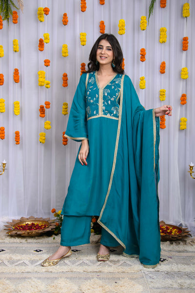 Teal Blue Organza Kurta Set