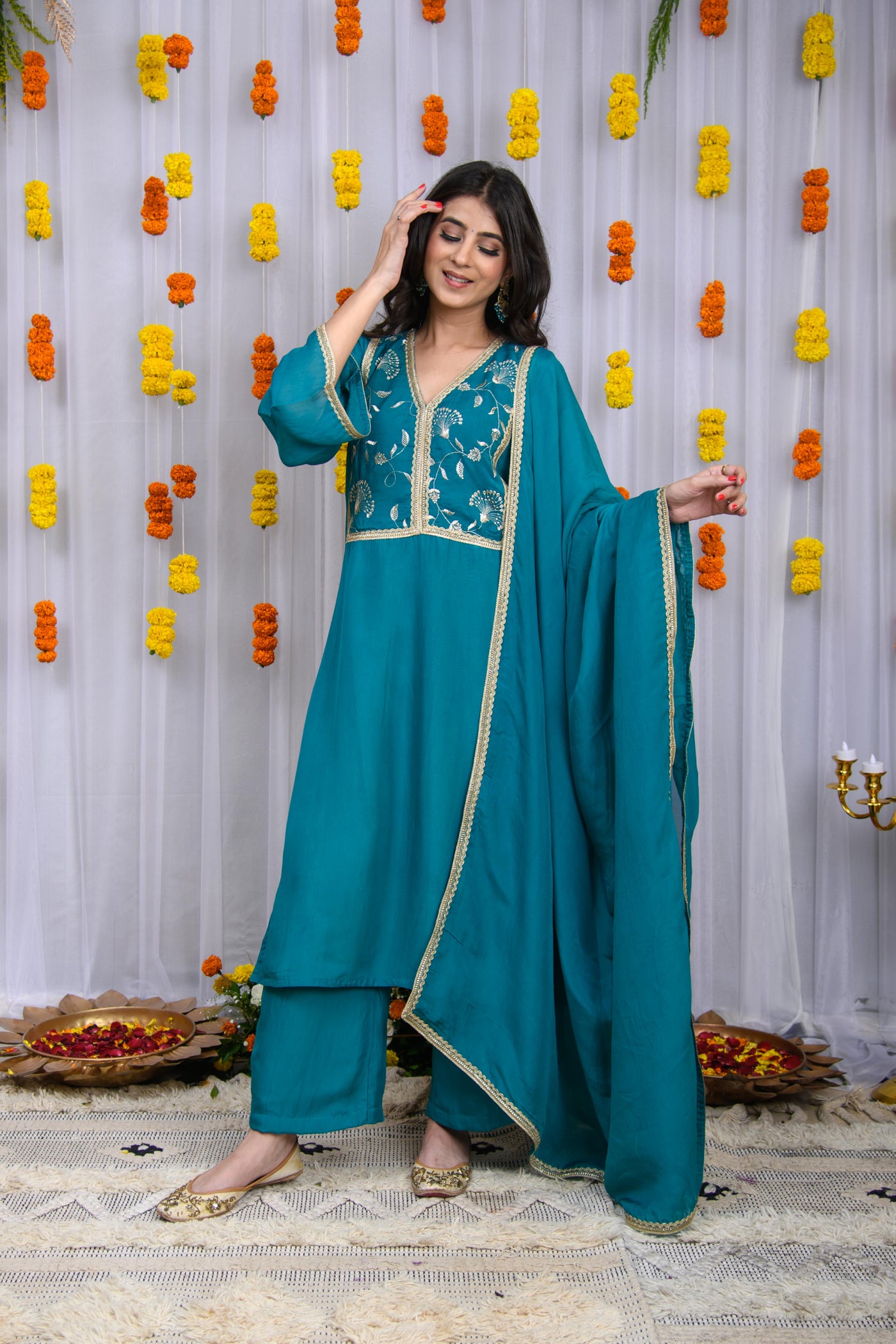 Teal Blue Organza Kurta Set