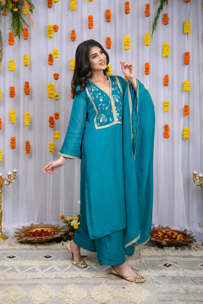 Teal Blue Organza Kurta Set