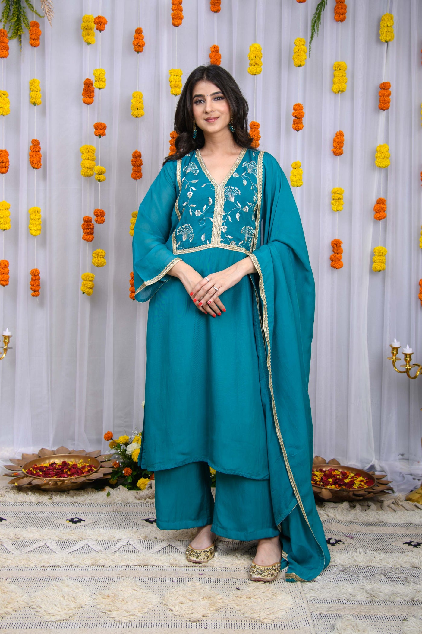 Teal Blue Organza Kurta Set