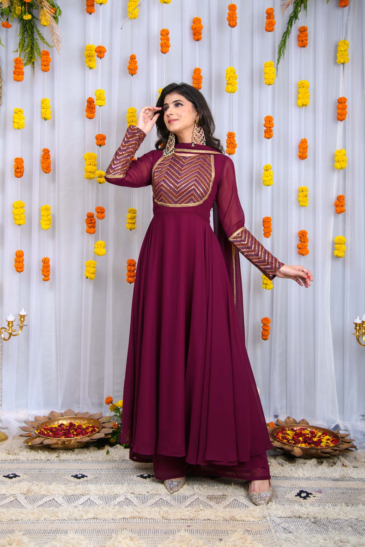 Wine Heavy Yolk Anarkali Set