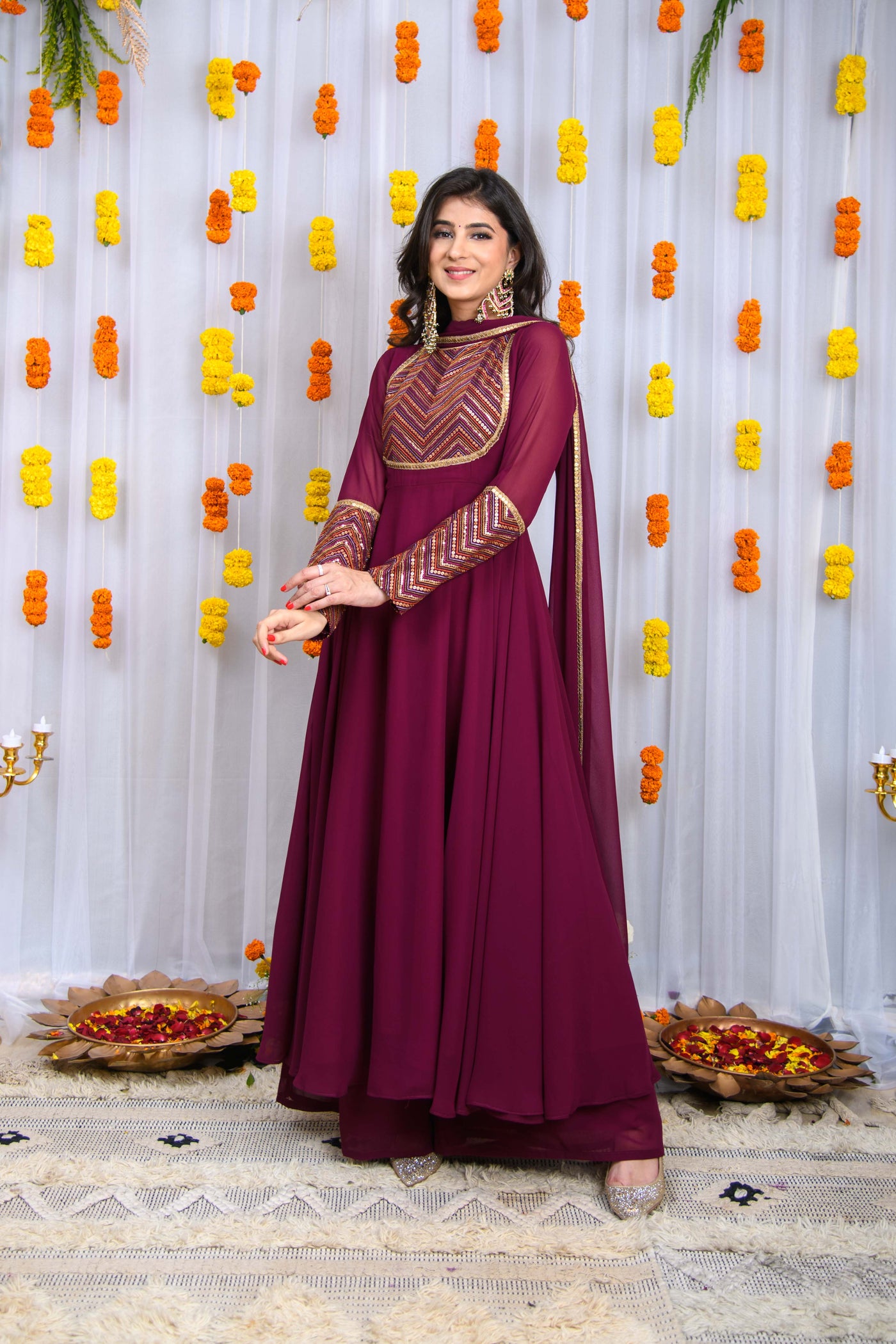 Wine Heavy Yolk Anarkali Set