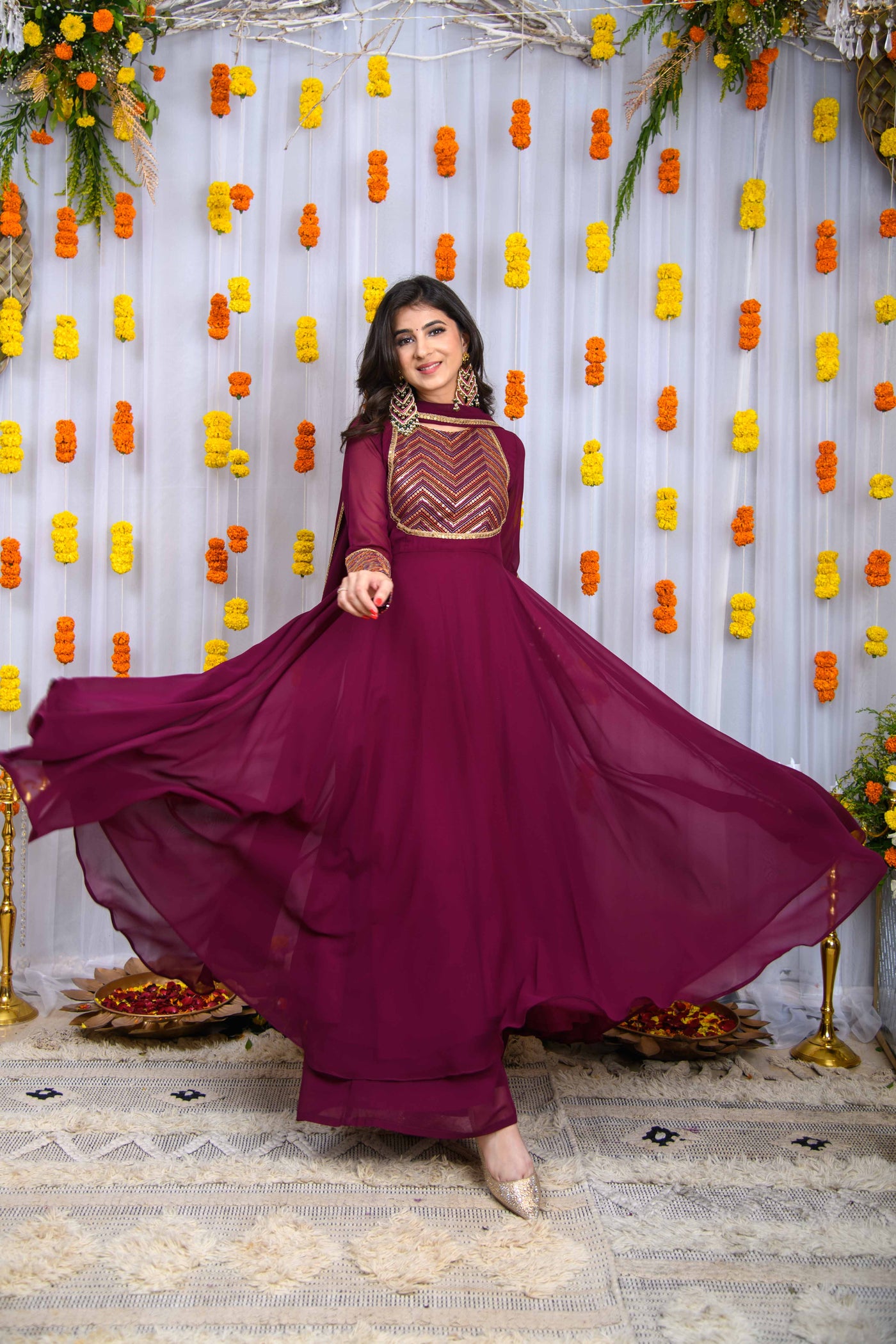 Wine Heavy Yolk Anarkali Set