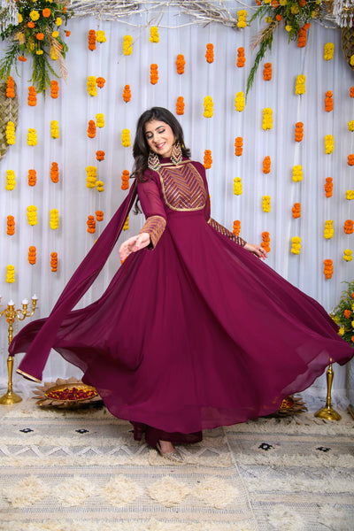 Wine Heavy Yolk Anarkali Set