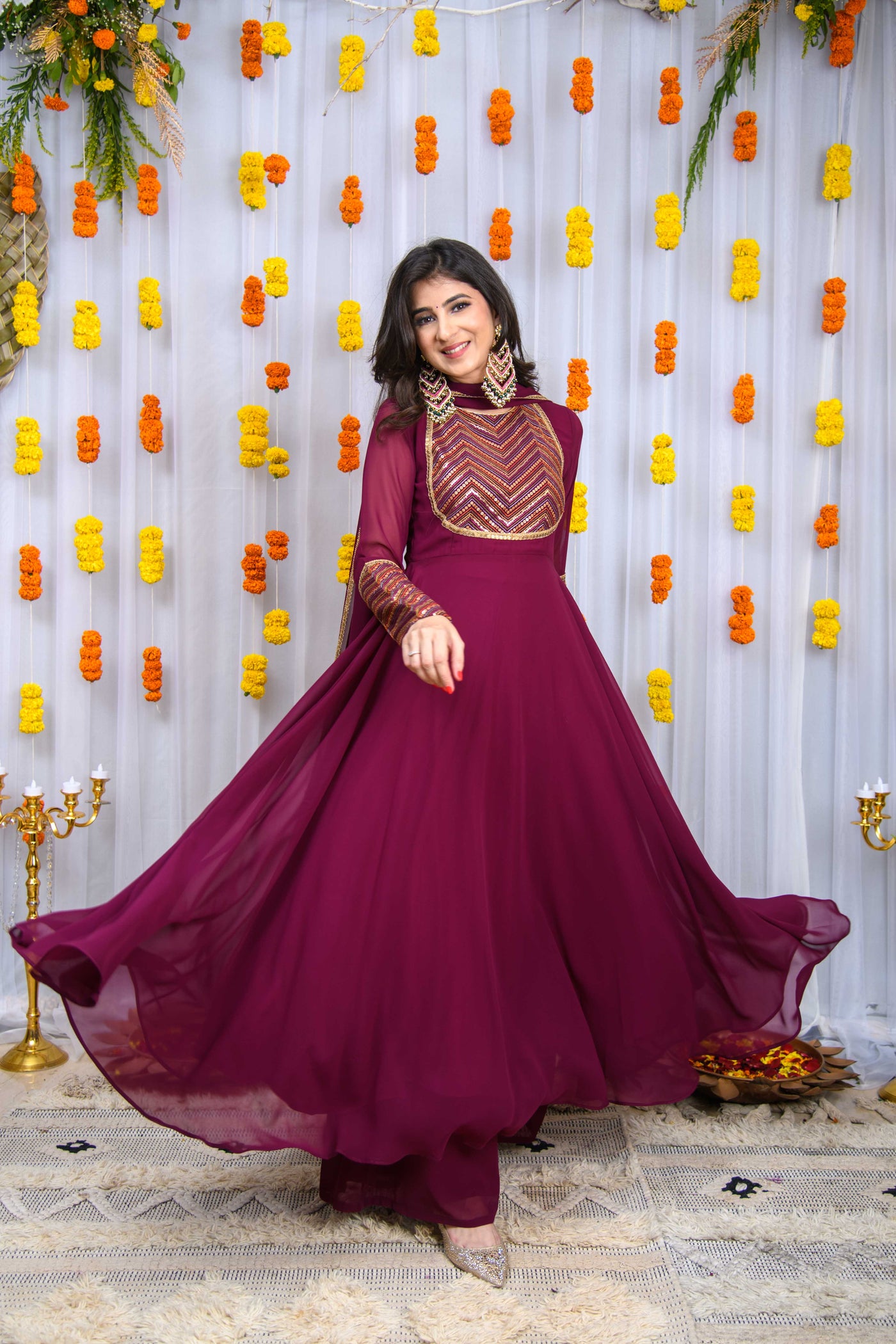 Wine Heavy Yolk Anarkali Set