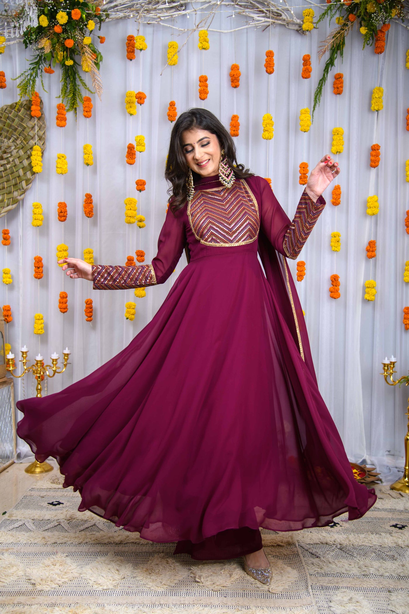 Wine Heavy Yolk Anarkali Set