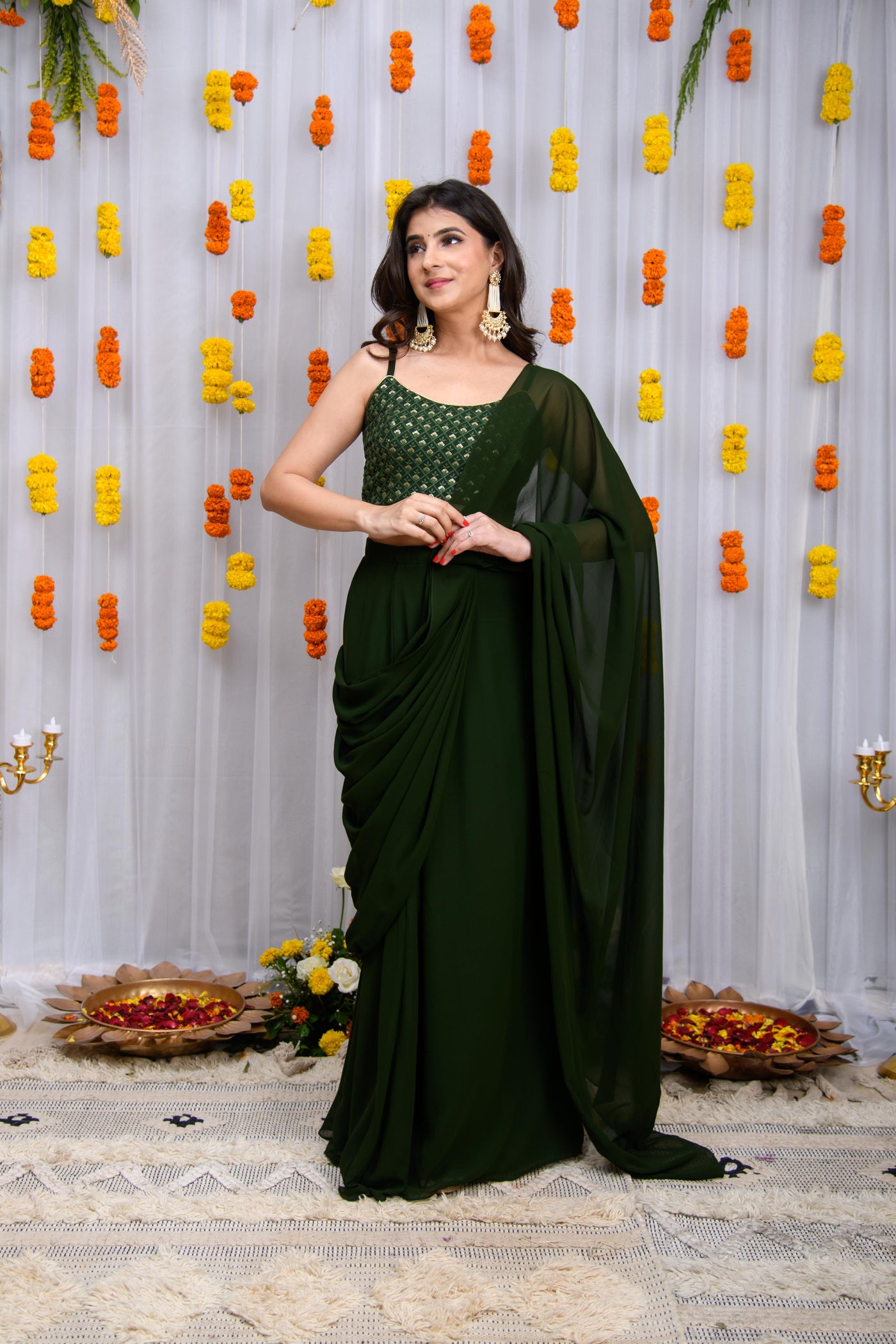 Mehandi Green Drape Saree With Blouse