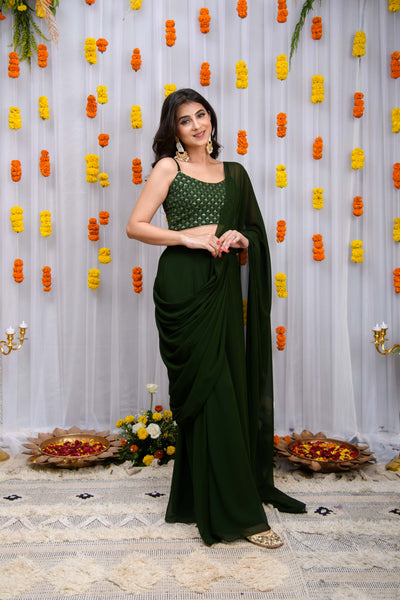 Mehandi Green Drape Saree With Blouse