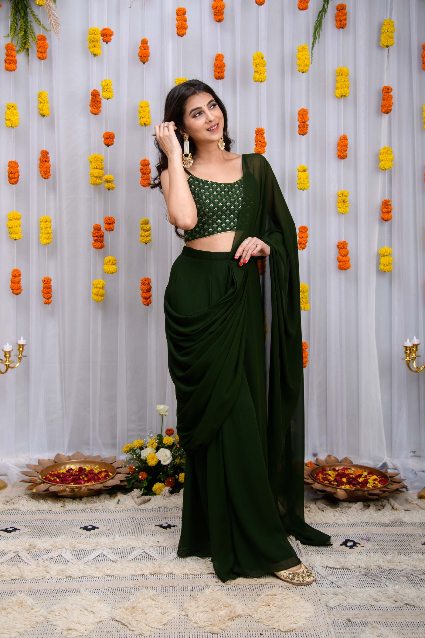 Mehandi Green Drape Saree With Blouse