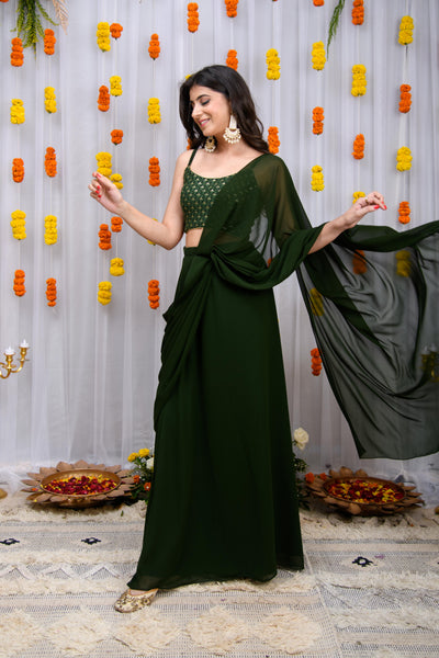 Mehandi Green Drape Saree With Blouse