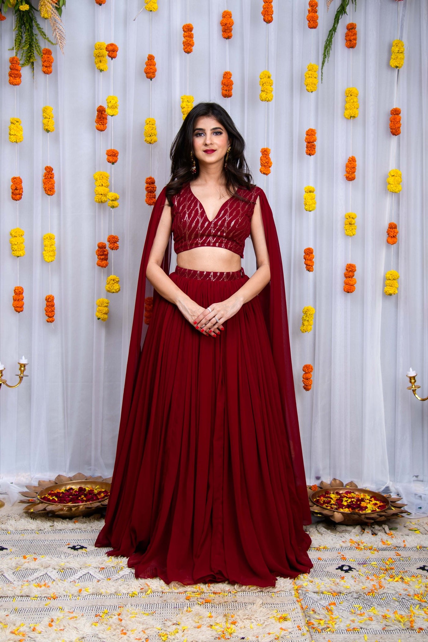 Maroon Cape Sleeves Lehenga Set