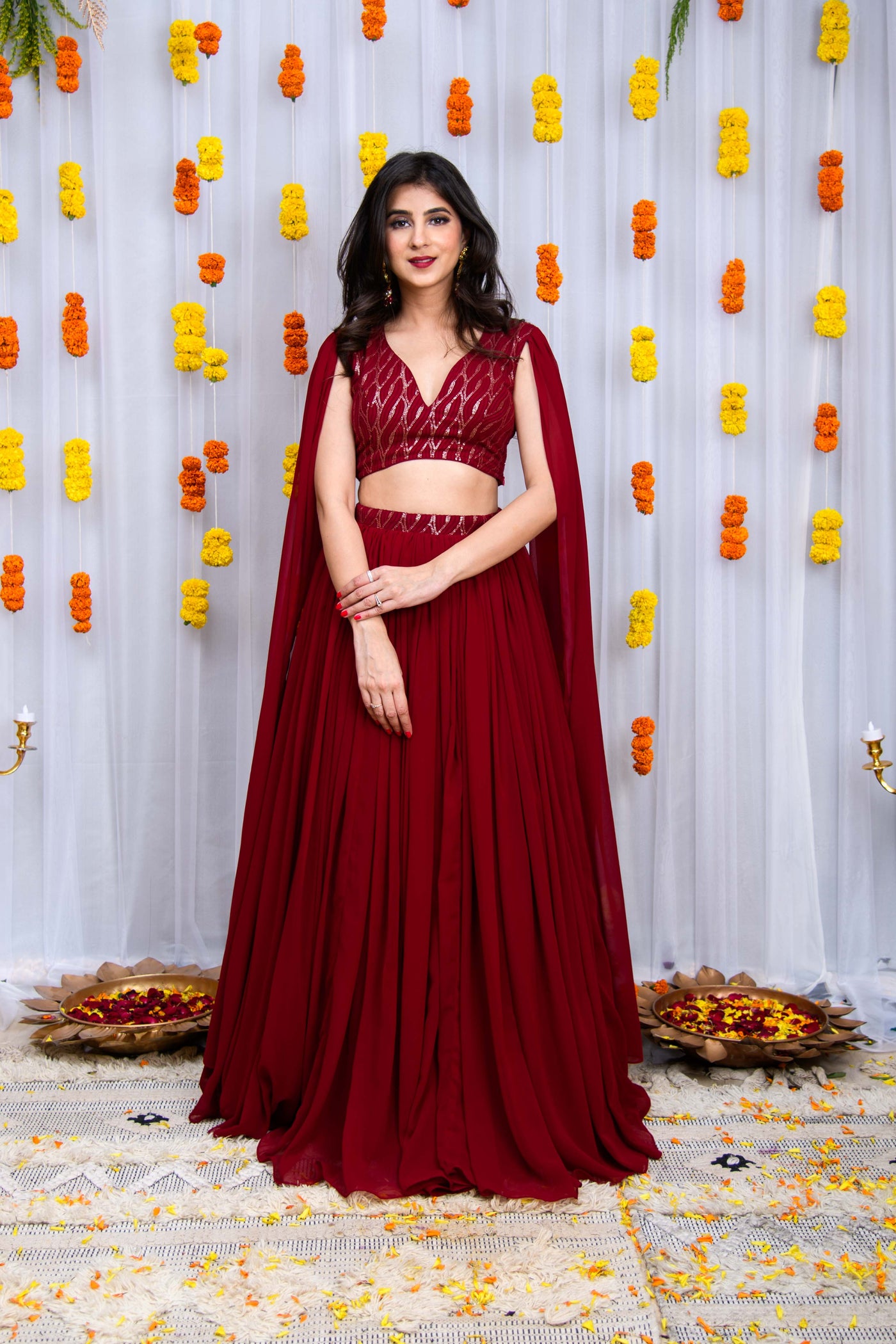 Maroon Cape Sleeves Lehenga Set