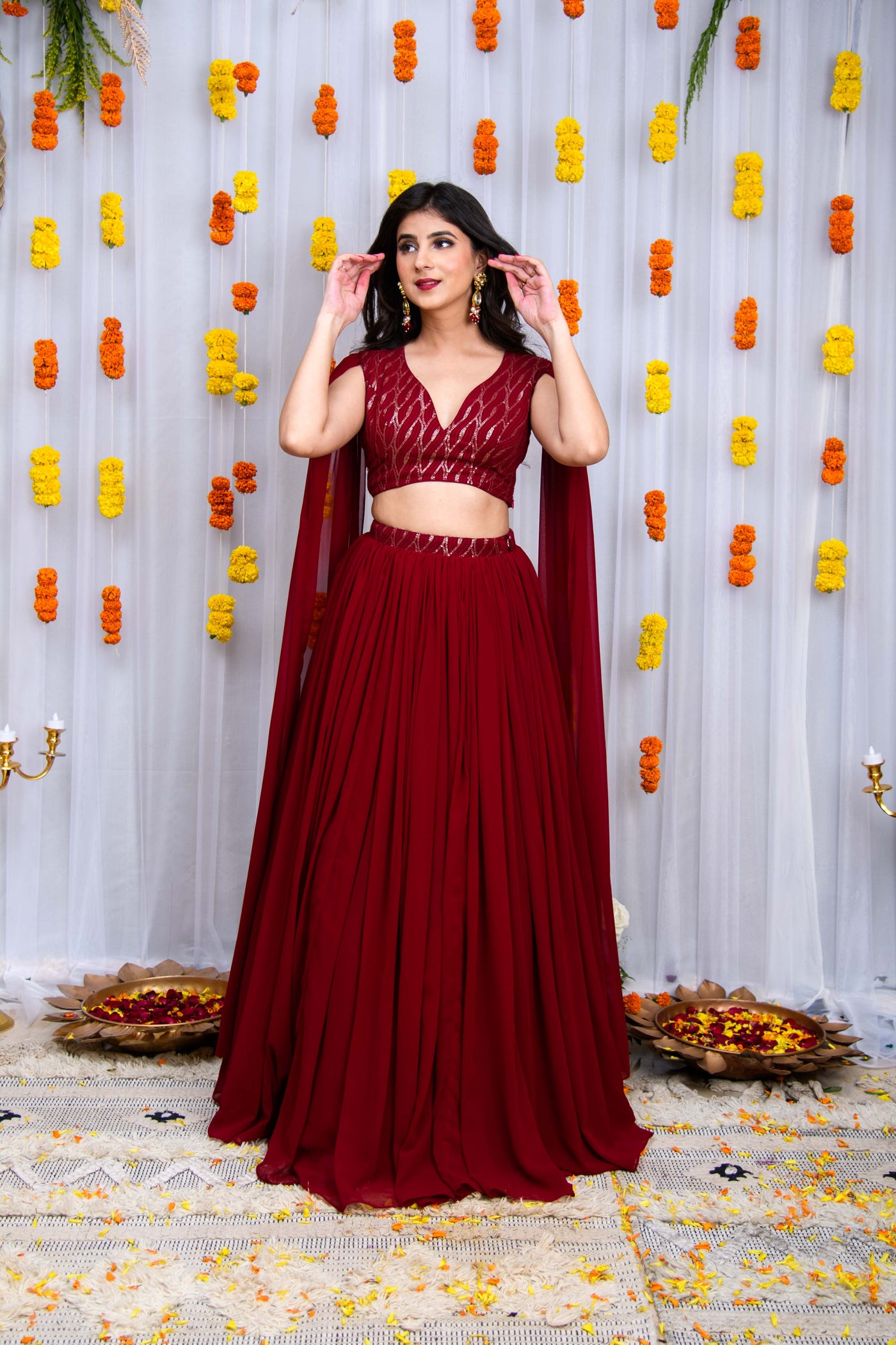 Maroon Cape Sleeves Lehenga Set