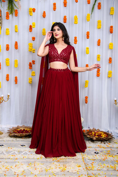 Maroon Cape Sleeves Lehenga Set