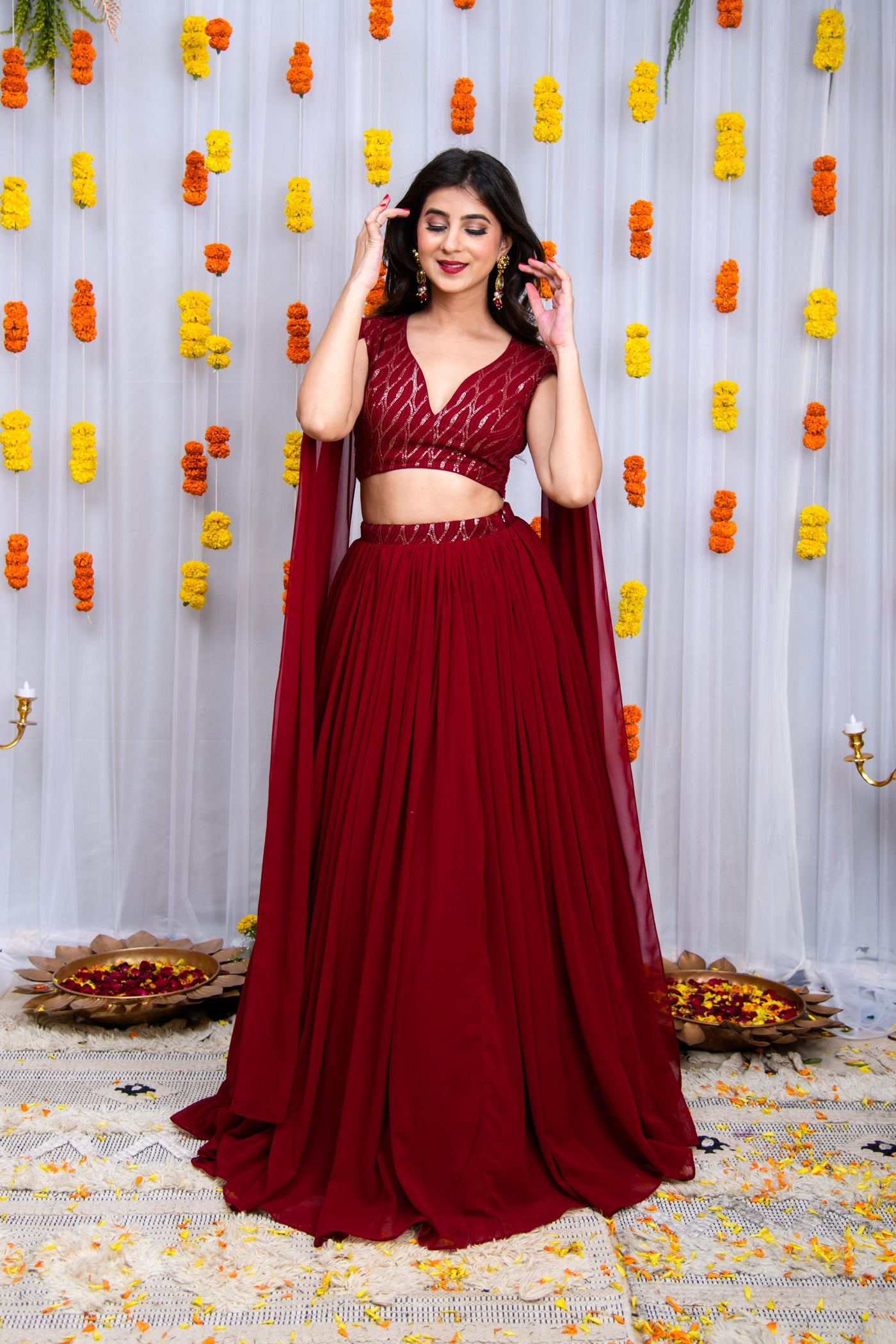 Maroon Cape Sleeves Lehenga Set