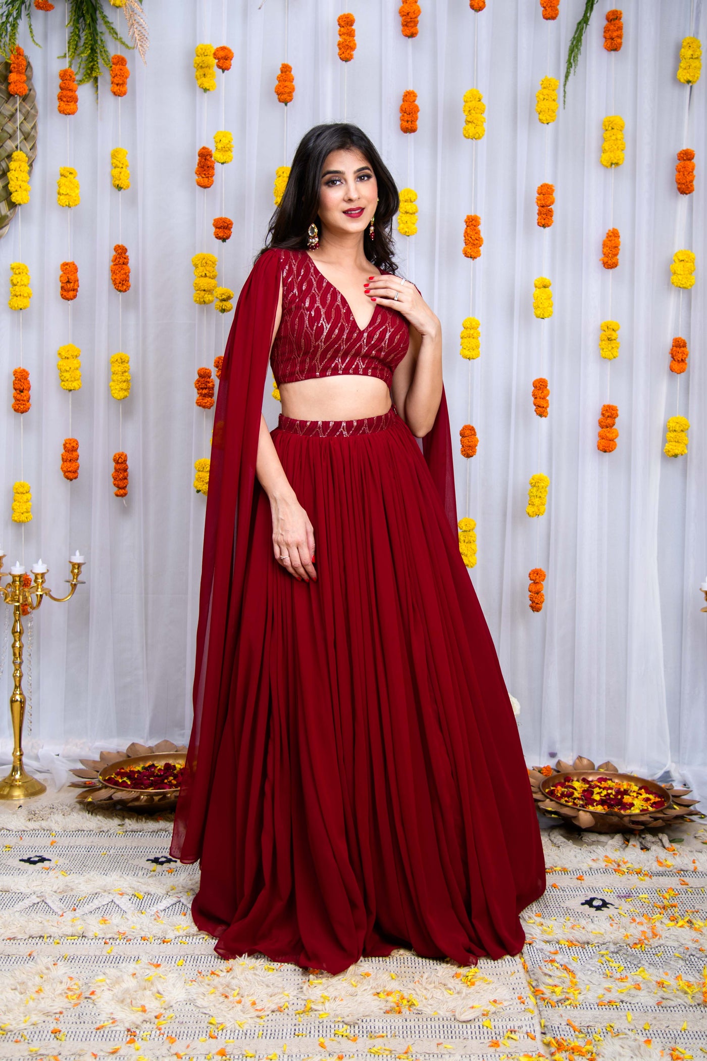 Maroon Cape Sleeves Lehenga Set